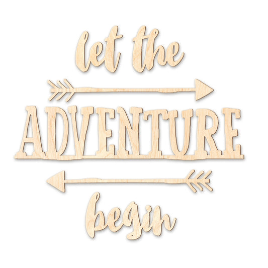 3D Schriftzug - "Let the adventure begin" + Dekoelemente aus Holz - naturfarben, unbehandelt