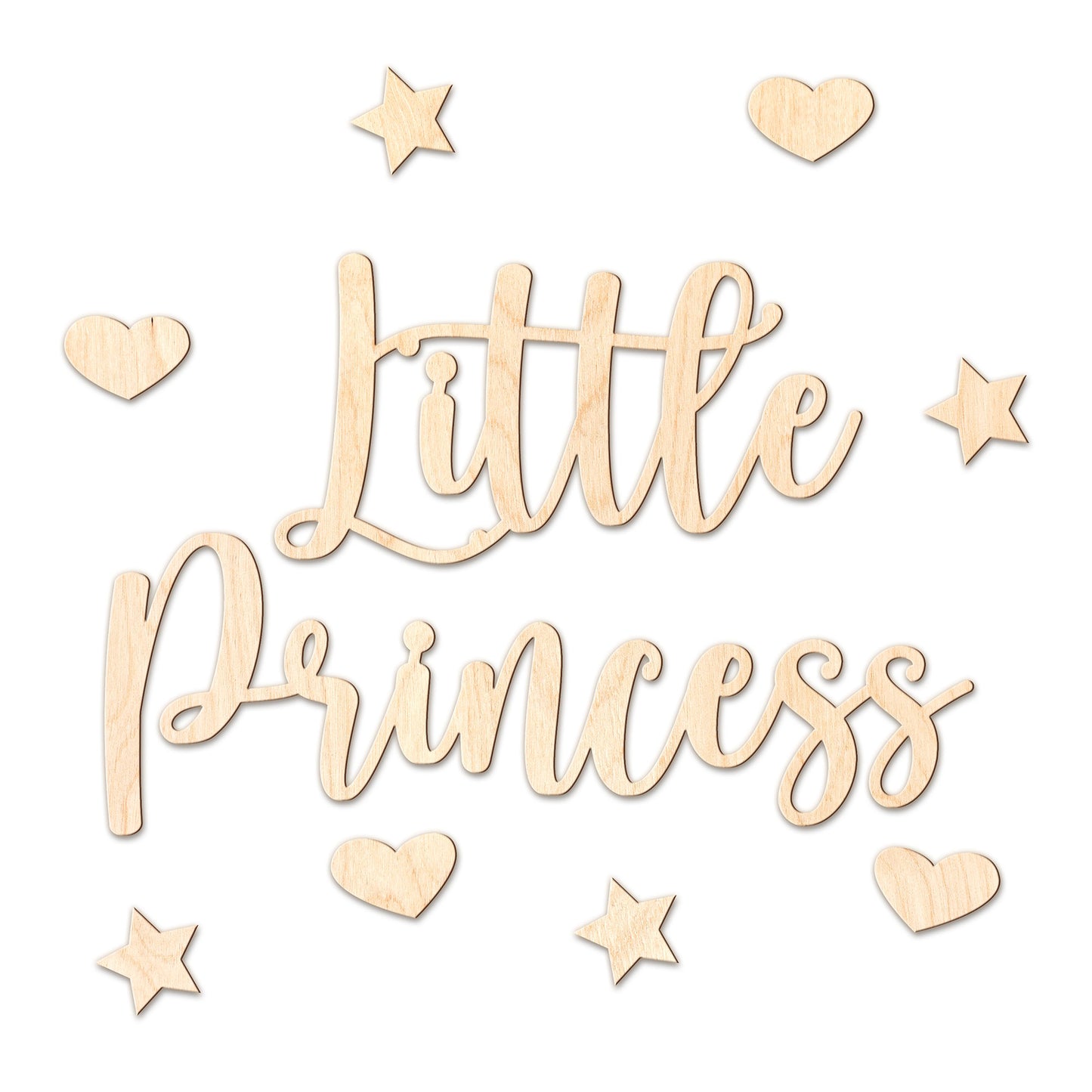 3D Schriftzug - "Little Princess" + Dekoelemente aus Holz - naturfarben, unbehandelt