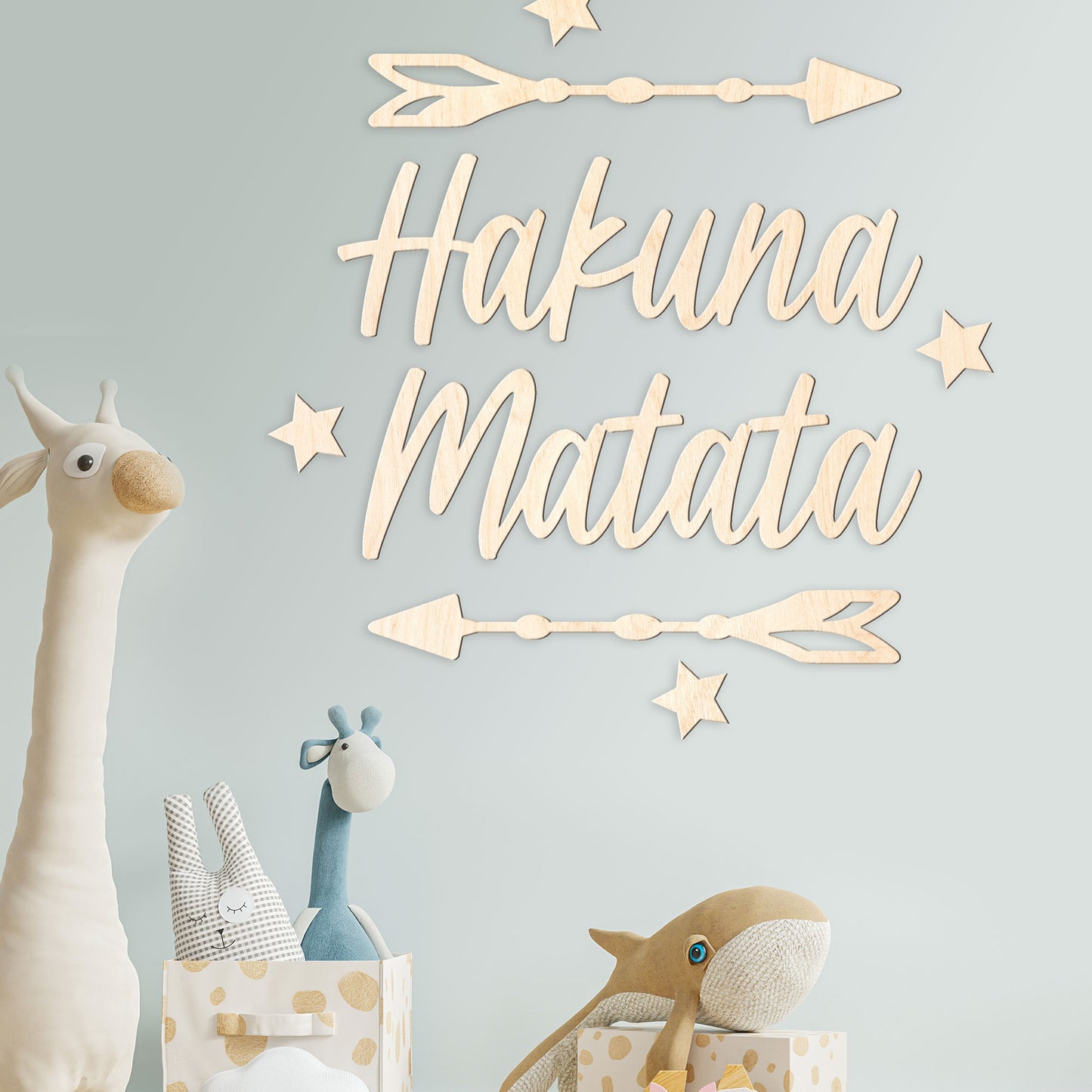 3D Schriftzug - "Hakuna Matata" + Dekoelemente aus Holz - naturfarben, unbehandelt