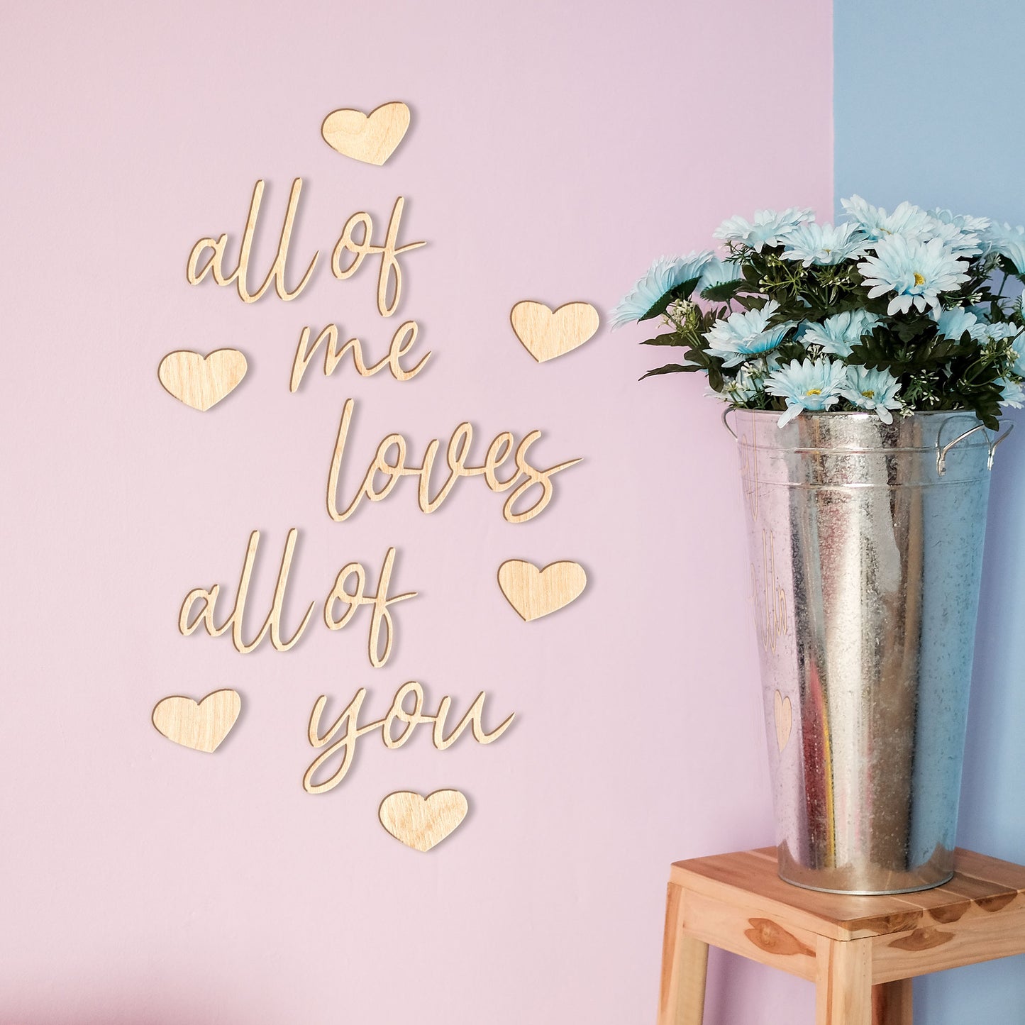 3D Schriftzug - "all of me loves all of you" + Dekoelemente aus Holz - naturfarben, unbehandelt