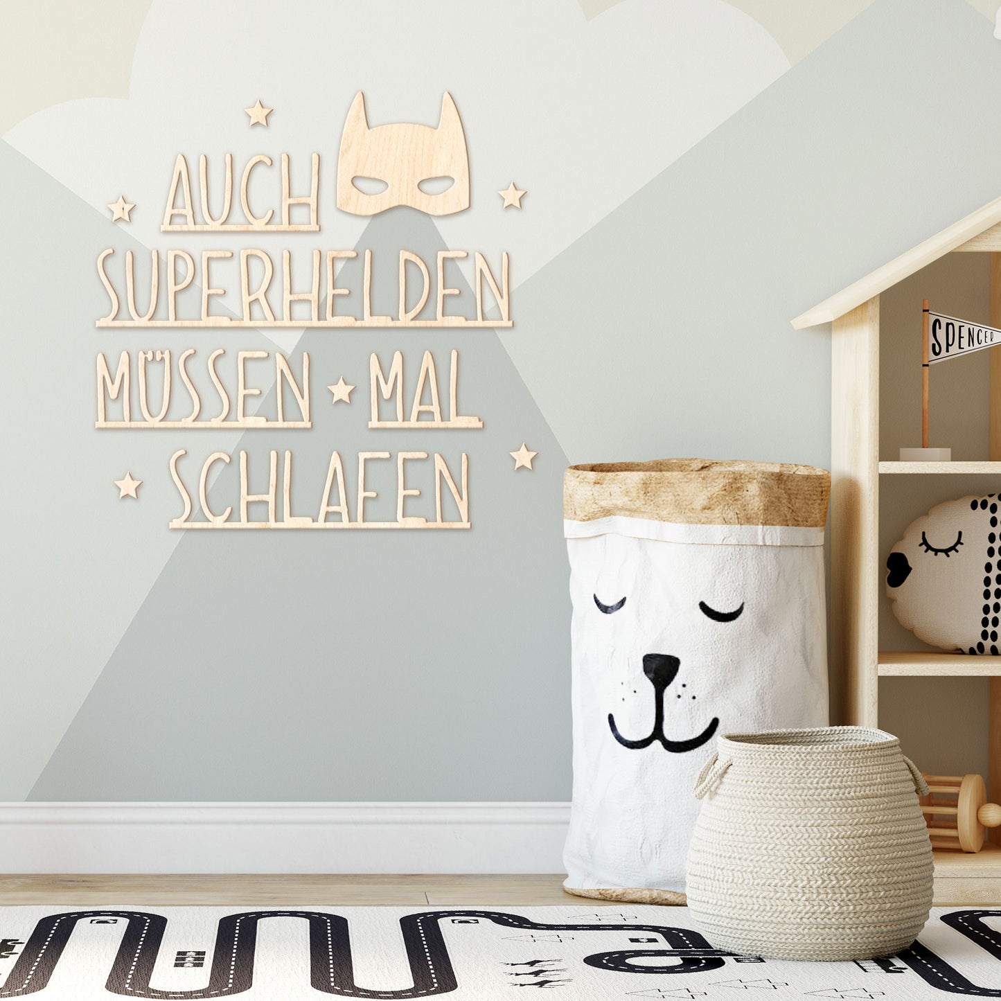 3D Schriftzug - "Auch Superhelden müssen mal schlafen" + Dekoelemente aus Holz - naturfarben, unbehandelt